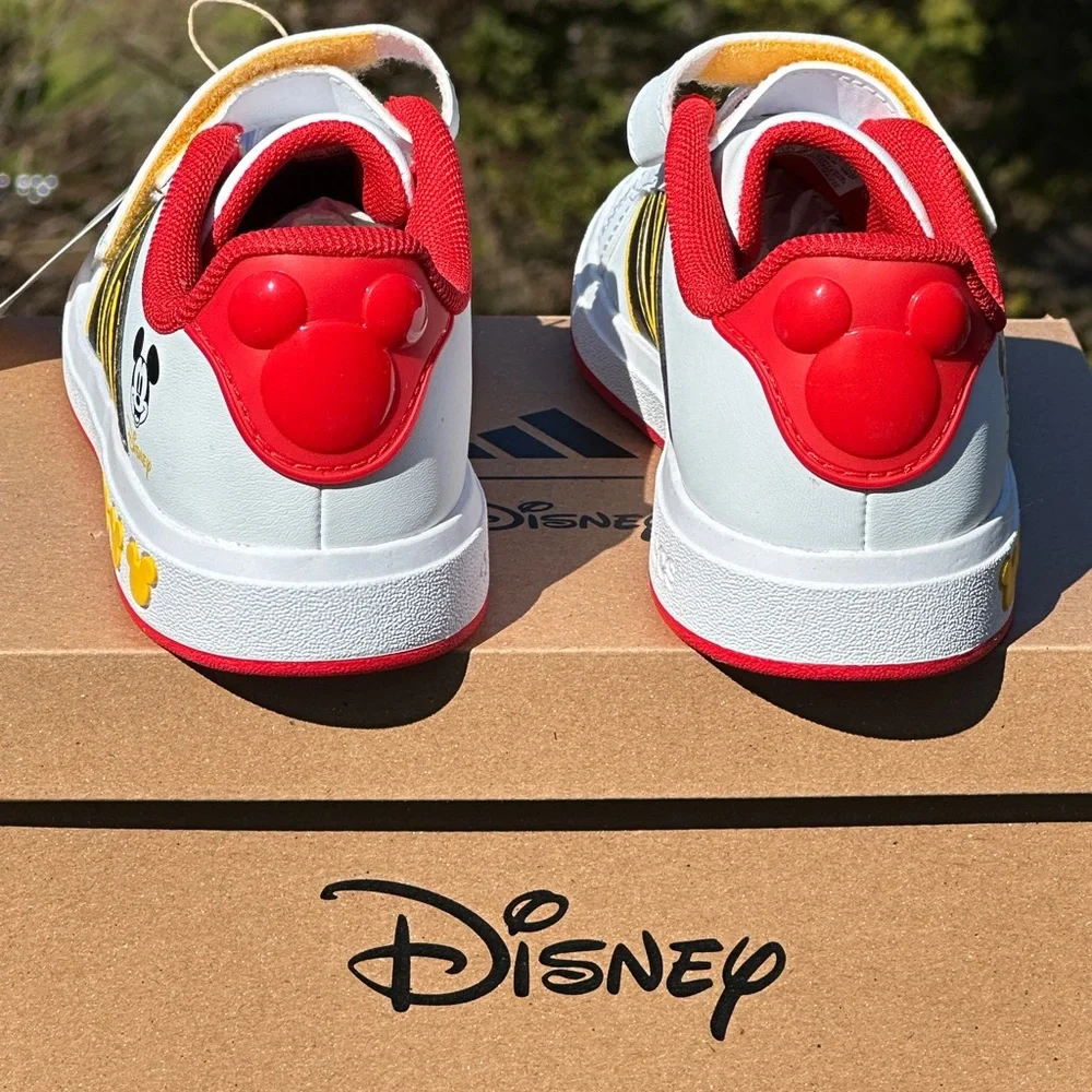 Adidas Grand Court + Mickey Mouse Kids Sneakers 12K 1.5Y White Red Youth GS NEW
